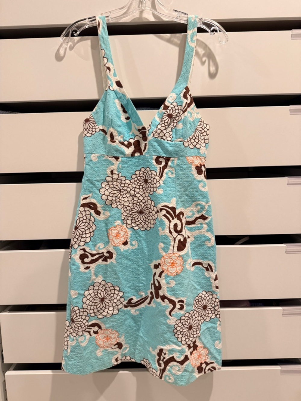 Trina Turk Aqua Floral Sundress with Brown and Peach Accents